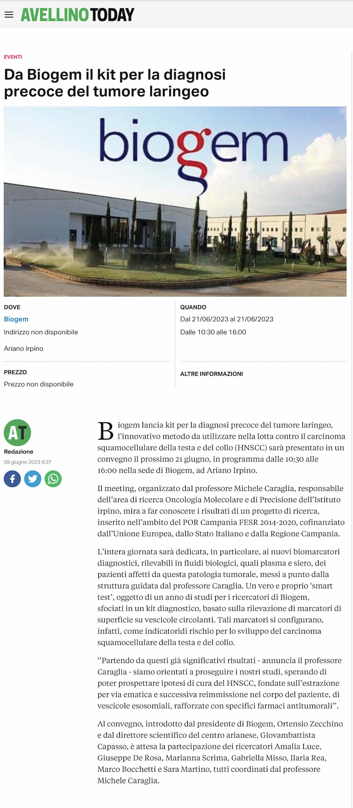 Da Biogem il kit per la diagnosi precoce del tumore laringeo